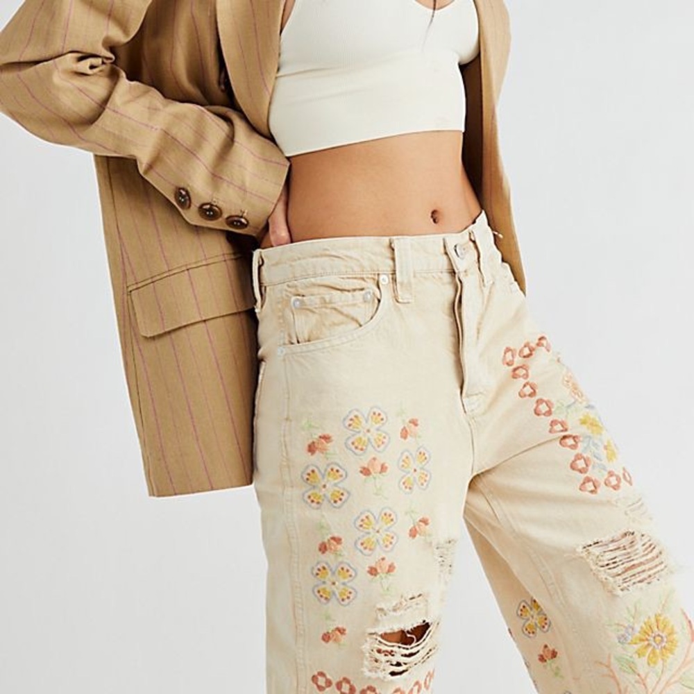 Free People Kiss The Sky High Rise Embroidered Distressed Jean